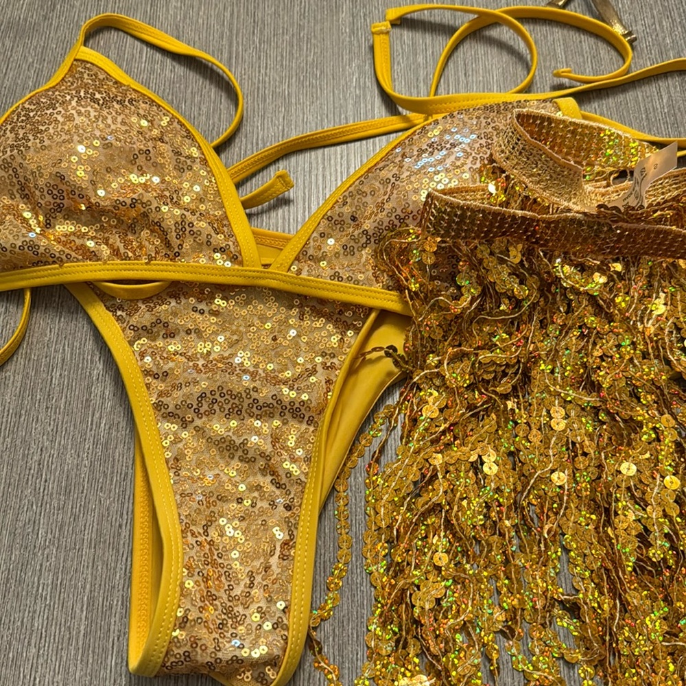 Yellow gold sequins bikini and skirt set